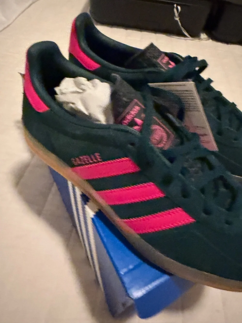 Adidas Gazelle Indoor Sneaker in Aurora Ivy / Shock Pink / Gum Size 7.5